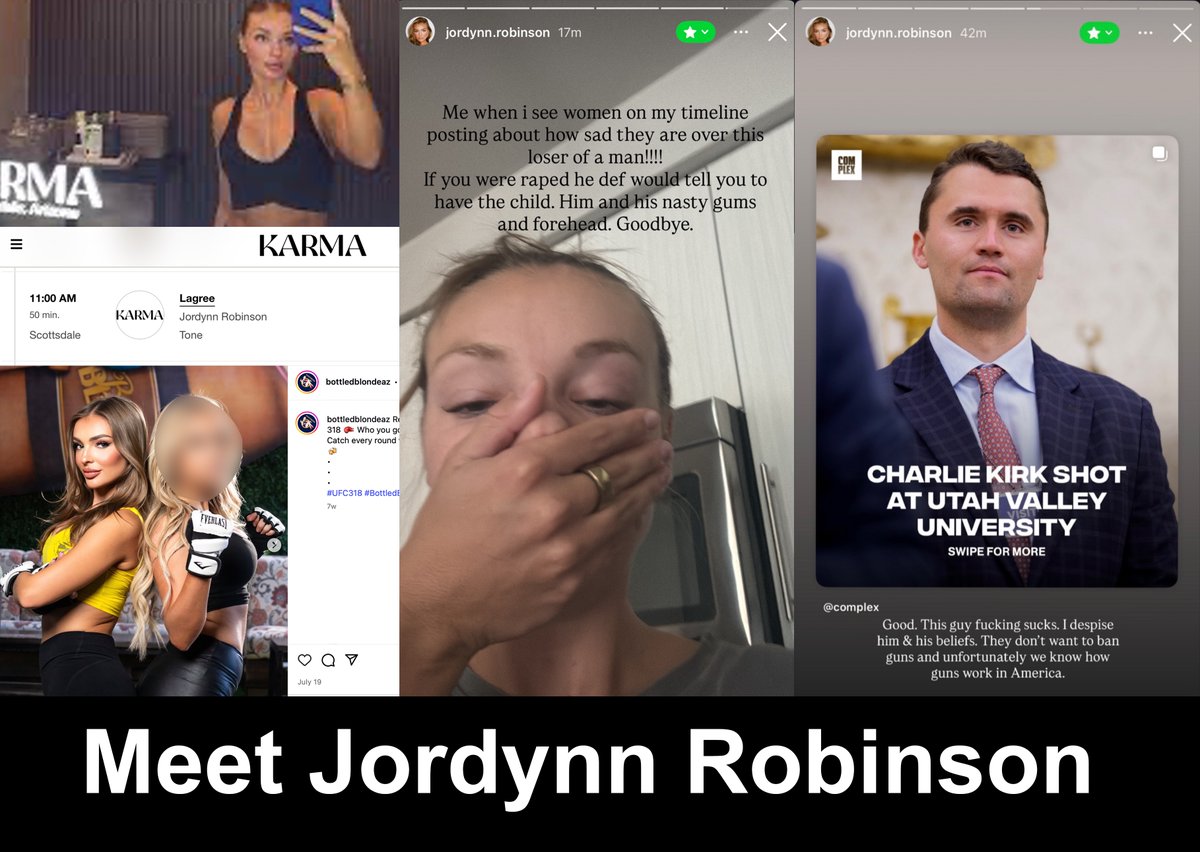 RyanAFournier's tweet image. 🚨Meet Jordynn Robinson, an instructor at @KarmaScottsdale and a bottle girl at Bottled Blonde AZ.

On Instagram, Robinson went beyond mocking Charlie Kirk’s assassination — she ridiculed women mourning him, sneered that if they were raped he “def would tell you to have the…