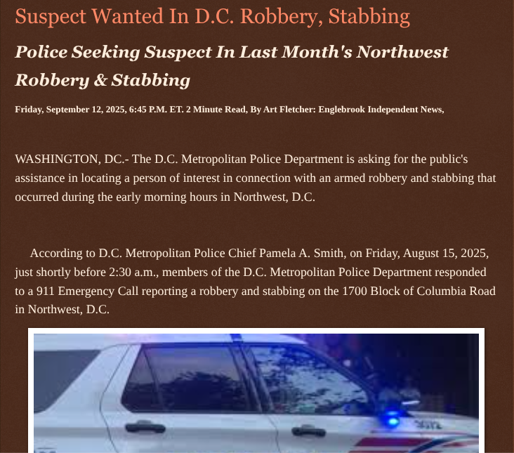 ArtFletcher9's tweet photo. Suspect Wanted In D.C. Robbery, Stabbing https://t.co/gCiqpGhbwF via @Englebrooknews #CrimeNews #WashingtonDC #Northwestdc #armed #robbery #stabbing #investigation #police #seeking #publics #assistance #locating #suspect @wireless_step @HRG_Media @LodiNJNews @SugarMAGA @fordmb1 @SarahGeving1 @Shannon96574094 @Daytobehappy @janninereid1 @MichelleF_35 @gator4kb18 @TrumpWasRite @KathyKbrose @RobGerundo @JimBobW49