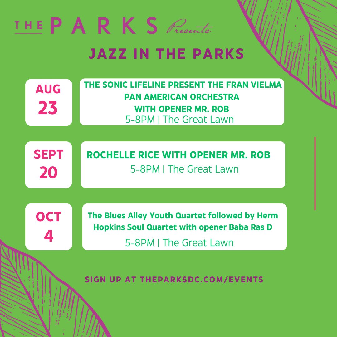 🗓 September at The Parks DC —Here’s what’s remaining on our event calendar this month 🌞🎶🍂

.Come catch the vibe while it lasts!🌳🌇 Plus the remaining days for Jazz In the Parks.

Learn more and sign up at the theparksdc.com

#TheParksDC