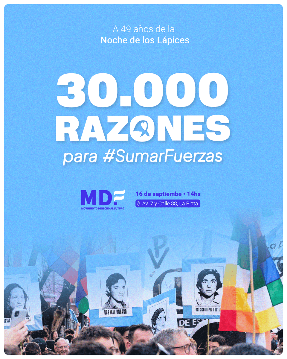 JuventudesMDF's tweet photo. 📚 A 49 años de la Noche de los Lápices, salimos a las calles a #SumarFuerzas contra el ajuste y el gobierno de crueldad de Milei.

📍 Nos encontramos este 16 de septiembre en La Plata para marchar juntos. Hay otro camino.

@Kicillofok https://t.co/M4zuDKL5dv