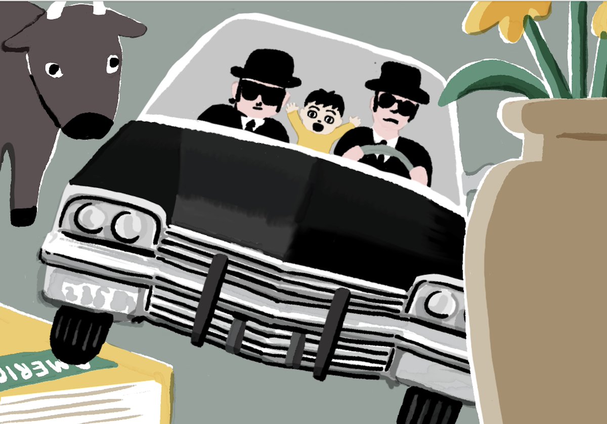 何度、観ても、やっぱり最高に面白い、たぶん皆んな大好き、「ブルースブラザース」も出てくる小説「おにたろかっぱ」が9月19日に発売です。（イラスト・多田玲子さん）