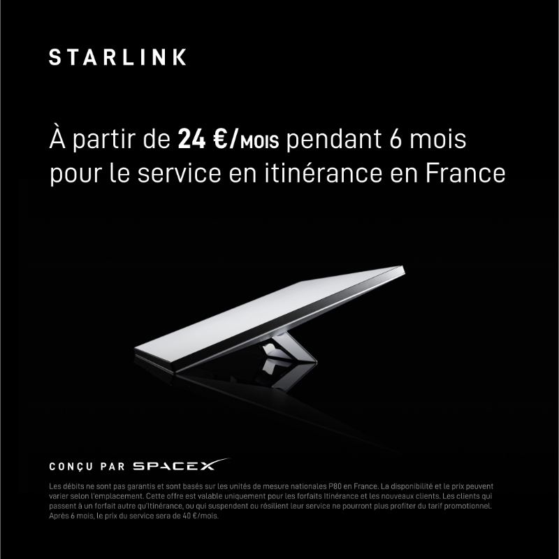 Starlink's tweet photo. Starlink fournit une connexion internet haut débit fiable en voyage.

Avec des débits allant jusqu’à plus de 250 Mbit/s

Commandez en ligne en moins de 2 minutes
