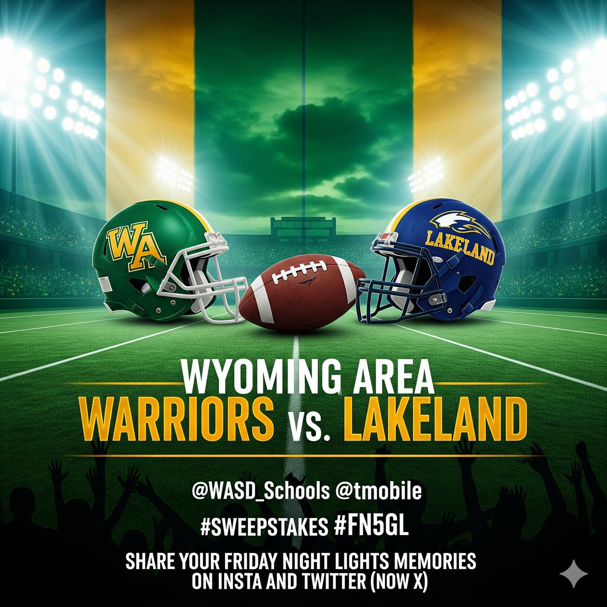 It's Time to Share those Memories of Friday Nights. Post your pics to Instagram and Twitter (now X). 

Tag <a href="/WASD_Schools/">Wyoming Area School District</a> <a href="/TMobile/">T-Mobile</a> and use #sweepstakes and #FN5GL to help Warrior Nation win a Stadium Make-Over.