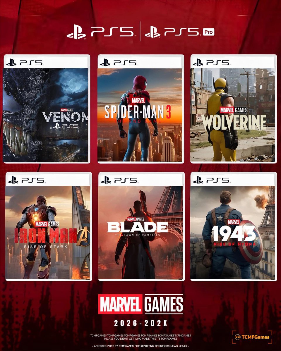 Marvel PS5 Games
⠀ ⠀ ⠀ ⠀ ⠀ ⠀ ⠀ ⠀ ⠀ ⠀  ⠀ ⠀ ⠀ ⠀ ⠀ ⠀ ⠀ ⠀ ⠀ ⠀  
Venom : Reported
Spider-Man 3 : Teased by the studio / actors 
Wolverine : Confirmed 
Iron Man : Confirmed 
Blade : Confirmed 
Marvel 1943 : Confirmed - early 2026
⠀ ⠀ ⠀ ⠀ ⠀ ⠀ ⠀ ⠀ ⠀ ⠀  ⠀ ⠀