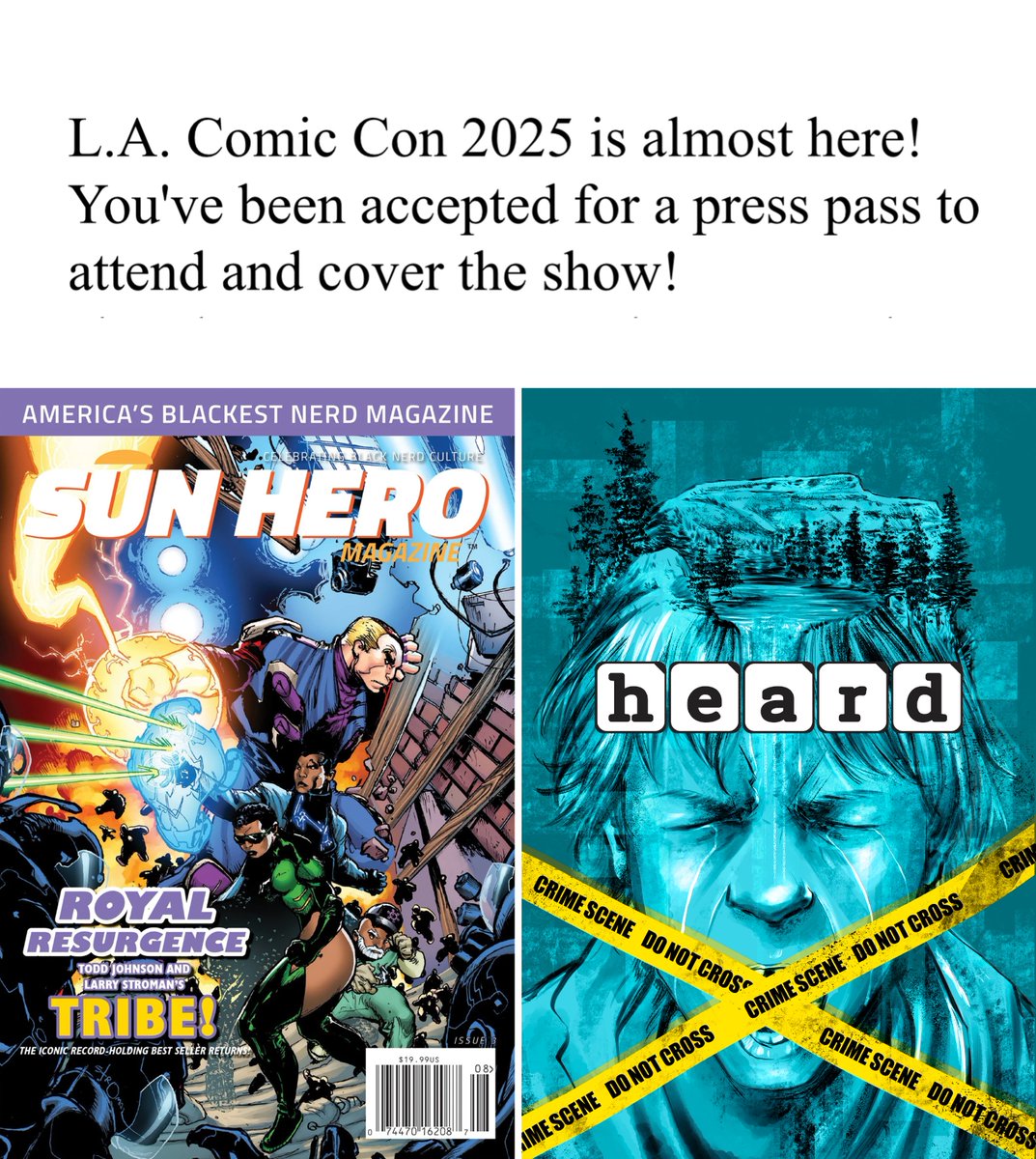 AlexGPickering's tweet photo. Press pass approved! Excited to be at LA Comic Con later this month on behalf of Dané Shobe’s Sun Hero Magazine and to build buzz for my upcoming thriller comic book series, HEARD! Looking forward to it!🎉 #LAComicCon

https://t.co/agFeKwjJm1
https://t.co/D1SBlilid7
@TheStuntList https://t.co/S6hvoMGkXT