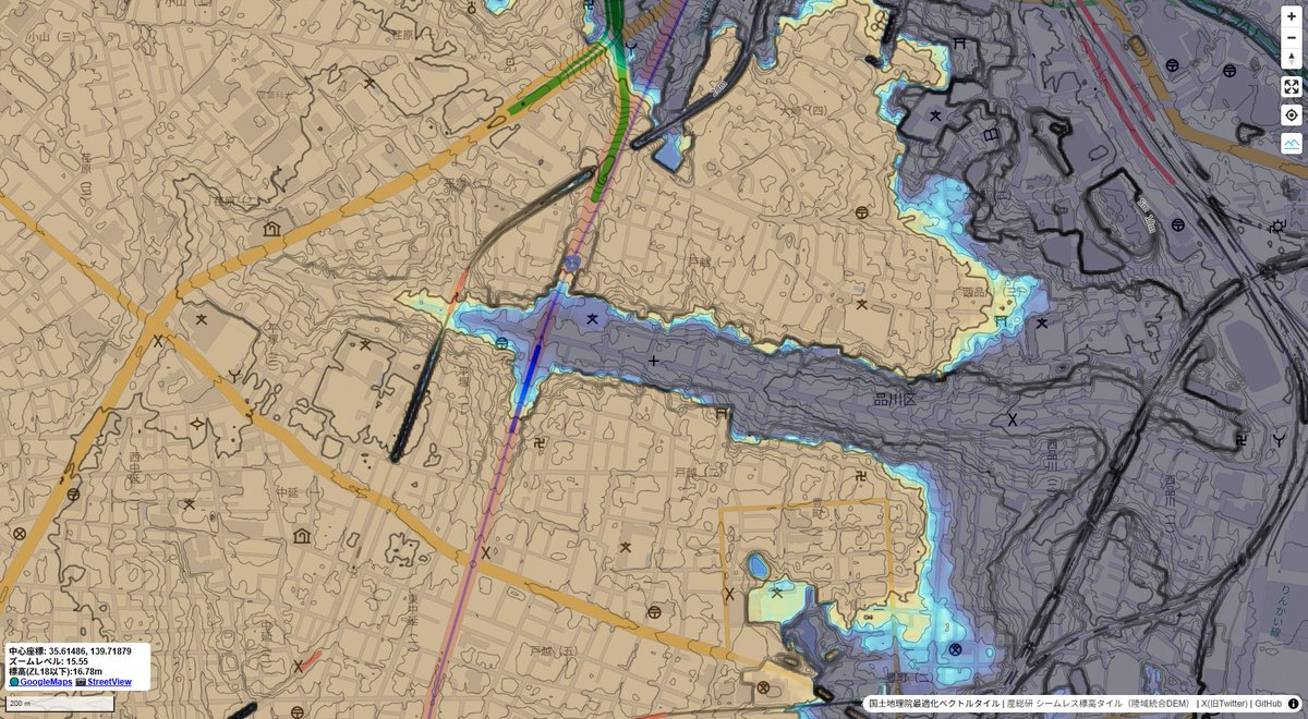 shi__works's tweet image. 戸越銀座周辺。東京都0.25mDEMに基づく標高タイルをもとに0.1m刻みの段彩図と等高線を表示。解像度は5mDEMの400倍。
#FOSS4G #MapLibre #東京都 #点群