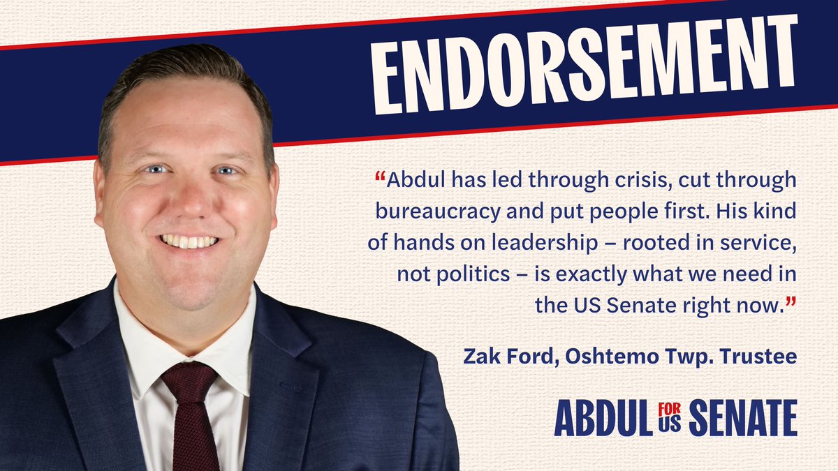I’m proud to announce the endorsement of Oshtemo Township Trustee Zak Ford. Zak is a principled public servant who is dedicated to fighting for economic justice and delivering for his community. It is an honor to have his support.