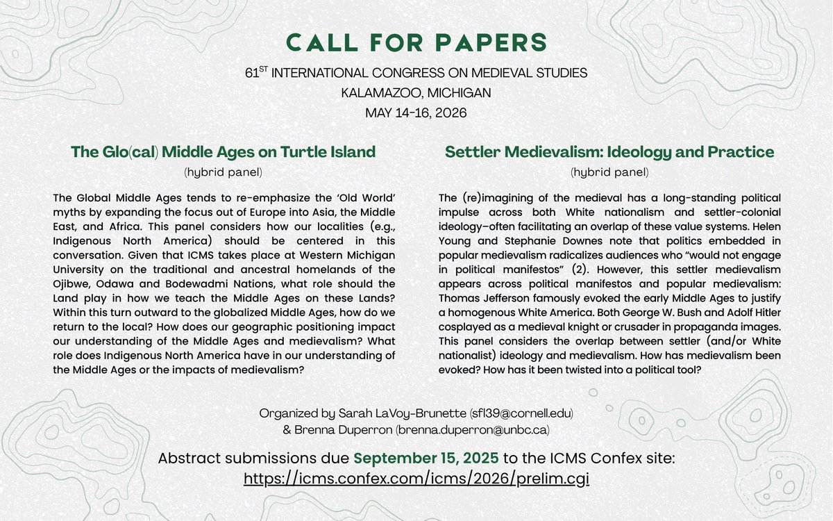 Dr. Brenna Duperron (@brenna_duperron) on Twitter photo Dropping in briefly to remind y'all to get your submissions in for ICMS (due Sept 15). Please see attached for panels organized by myself and <a href="/sarahlavoy/">Sarah LaVoy-Brunette</a> Please email questions, as I am not frequently on X right now. Thanks! Dropping in briefly to remind y'all to get your submissions in for ICMS (due Sept 15). Please see attached for panels organized by myself and <a href="/sarahlavoy/">Sarah LaVoy-Brunette</a> Please email questions, as I am not frequently on X right now. Thanks!
