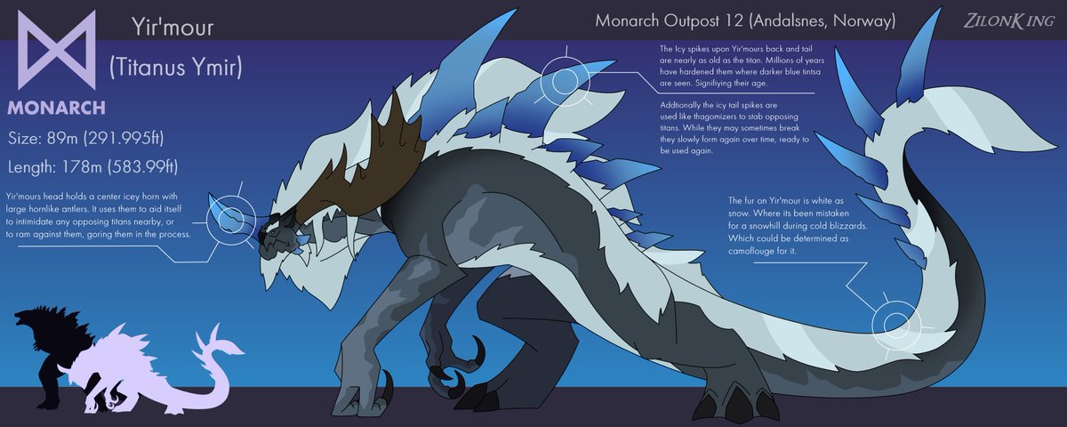 Monsterverse - Titanus Yir'Mour

"Monarch Outpost 12, a large titan was discovered beneath a frozen lake. In 1993 in Andalsnes, Norway, was the outpost established. Not long before awakening a year later after Skar Kings defeat".

"Along with other titans that slowly awakened".