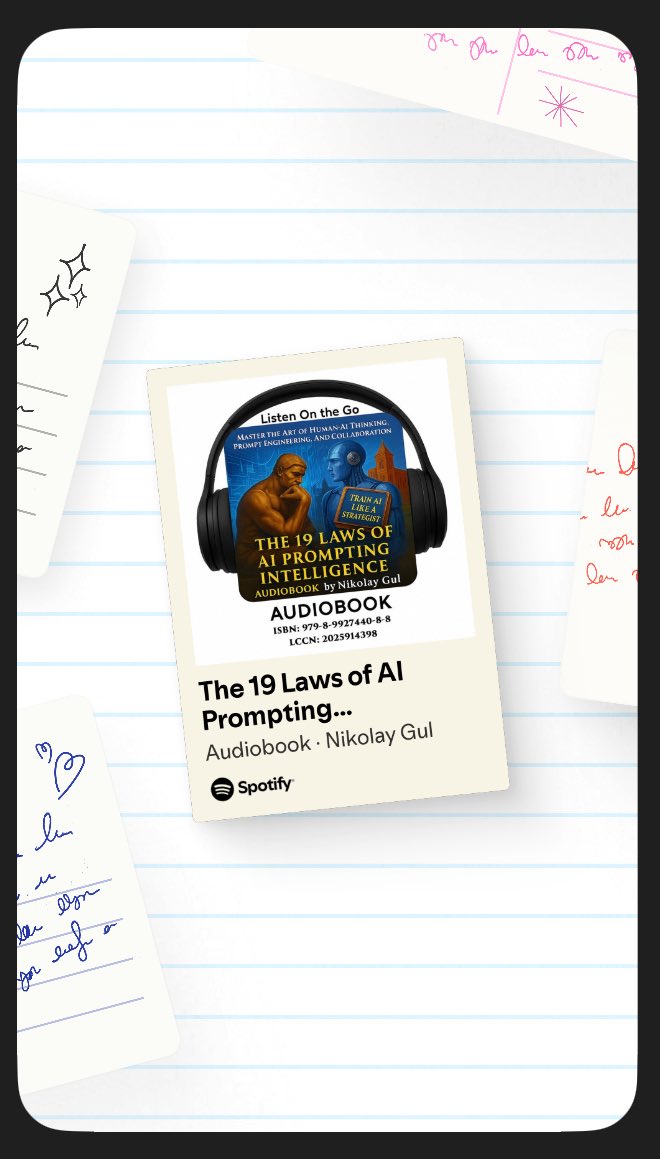The 19 Laws of AI Prompting Intelligence
Master the Art of Human–AI Thinking, Prompt Engineering, and Collaboration by  Nikolay Gul 
on <a href="/Spotify/">Spotify</a> <a href="/Apple/">Apple</a> <a href="/librarycongress/">Library of Congress</a> <a href="/amazon/">Amazon</a> <a href="/Google/">Google</a> and everywhere where books live