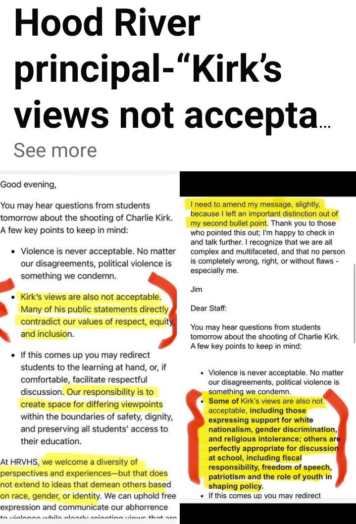 1776 Project PAC | Text 1776 to 76176 (@1776projectpac) on Twitter photo 🚨Hood River Valley High School’s principal allegedly emailed staff after Charlie Kirk’s death, telling them: 
“Kirk’s views are not acceptable" & "His beliefs “contradict values of equity & inclusion.”
A school leader using tragedy to slander Kirk speech is disgraceful. 🚨Hood River Valley High School’s principal allegedly emailed staff after Charlie Kirk’s death, telling them: 
“Kirk’s views are not acceptable" & "His beliefs “contradict values of equity & inclusion.”
A school leader using tragedy to slander Kirk speech is disgraceful.