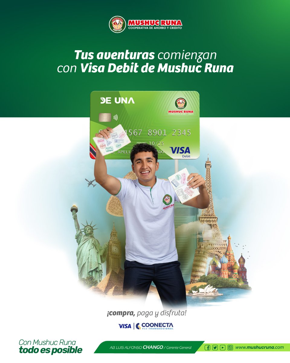 Con tu 𝐕𝐢𝐬𝐚 𝐃𝐞𝐛𝐢𝐭 💳 de 𝑴𝒖𝒔𝒉𝒖𝒄 𝑹𝒖𝒏𝒂 solo 𝒄𝒐𝒎𝒑𝒓𝒂, 𝒑𝒂𝒈𝒂 y 𝒅𝒊𝒔𝒇𝒓𝒖𝒕𝒂 de tus 𝐀𝐕𝐄𝐍𝐓𝐔𝐑𝐀𝐒 𝐏𝐎𝐑 𝐄𝐋 𝐌𝐔𝐍𝐃𝐎 ✈️🌍
¡Solicítala ahora!
ℹ️ Ubícanos: mushucruna.com/ubicanos/
¡Con #MushucRuna #TodoEsPosible!