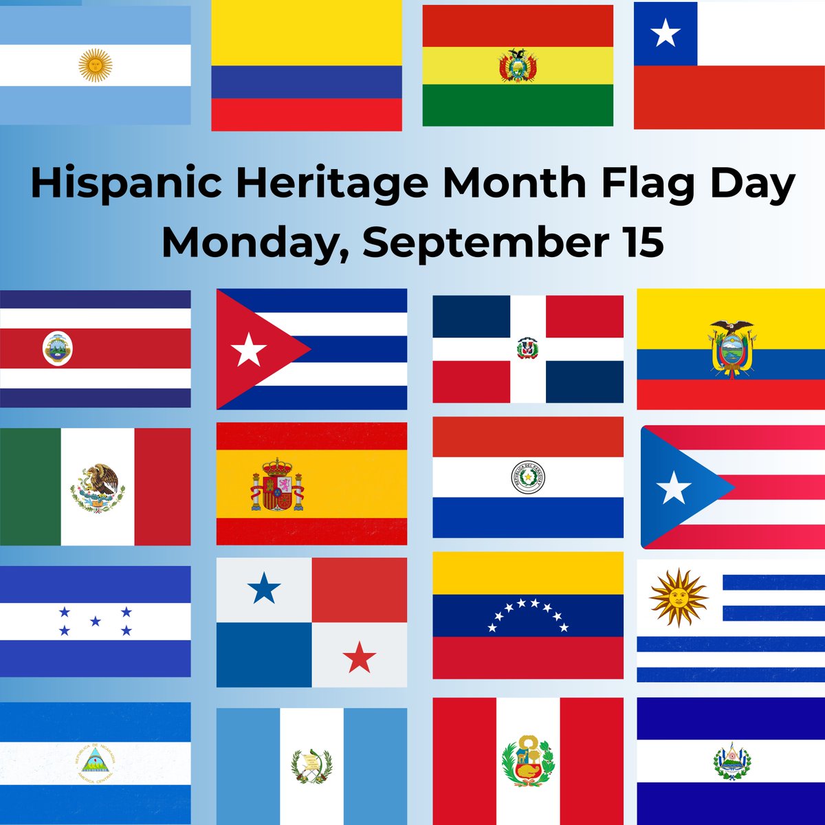 Lilburn Middle (@lilburnmiddle) on Twitter photo Flag Day is Monday, Sept 15, the first day of Hispanic Heritage Month! Wear your flag or its colors as we celebrate the cultures of Hispanic nations through Oct 15. Flag Day is Monday, Sept 15, the first day of Hispanic Heritage Month! Wear your flag or its colors as we celebrate the cultures of Hispanic nations through Oct 15.