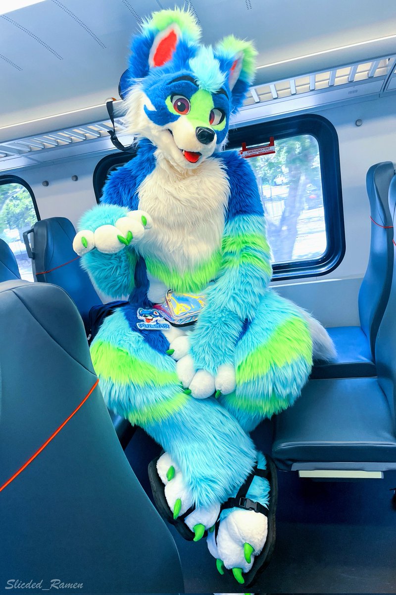 You caught me being a little fruity on the train! 🌈🚅

#FursuitFriday 
📸 <a href="/Sliced_Ramen/">Chips mostly on 🦋</a>