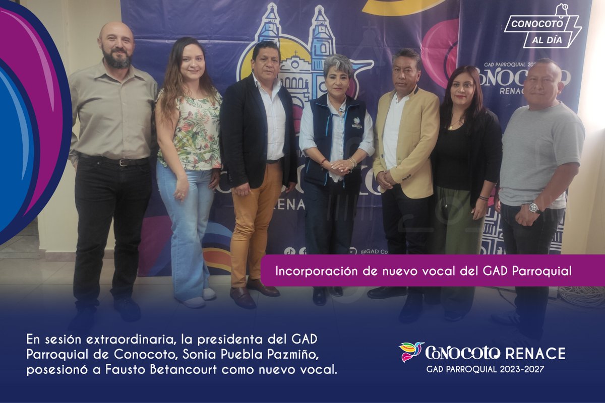 En sesión extraordinaria, la presidenta Sonia Puebla posesionó a Fausto Betancourt como nuevo vocal del GAD de Conocoto.

👏 Bienvenido al Gobierno Parroquial, con el compromiso de trabajar por el bienestar de la comunidad.

#ConocotoAlDía #ConocotoRenace