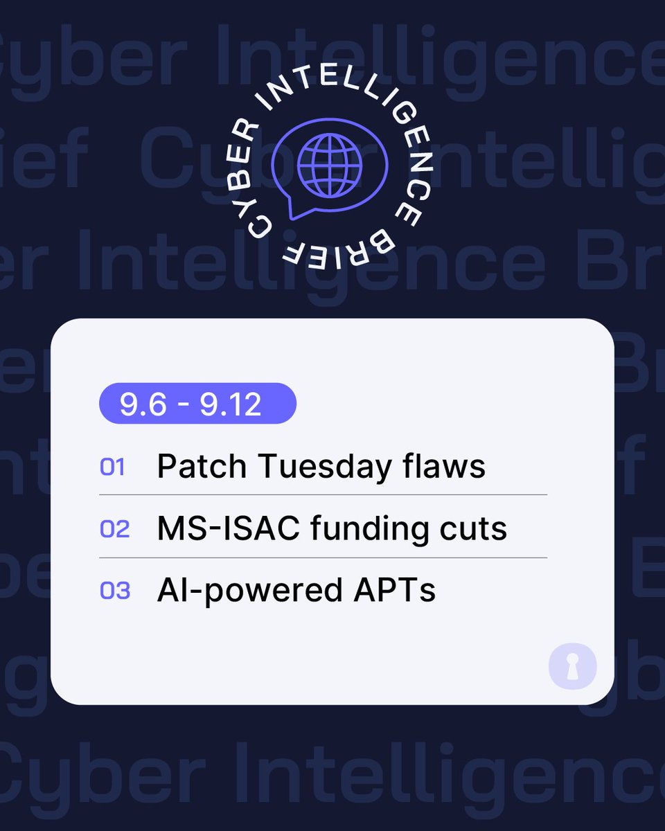 🚨 This week's Cyber Intel Brief is out now!🚨 

This week brought major disruptions in critical infrastructure protection and continued nation-state cyber escalation:
🔒 Patch Tuesday flaws: 80+ vulnerabilities, including critical NTLM &amp; SMB bugs
🛑 MS-ISAC funding cuts: Service