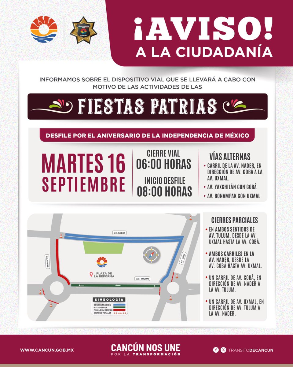 qrooexpress's tweet image. Alista #SMSCYT #operativovial por #fiestaspatrias en Cancún - wp.me/p7T9nn-e40
#QRooExpress #Noticias #Cancún #BenitoJuárez #QuintanaRoo #QRoo #México #Entérate #SeguirTransformando #CancúnNosUne @anapatyp #HechosQueTransforman #SeguridadVial  #EventosConmemorativos