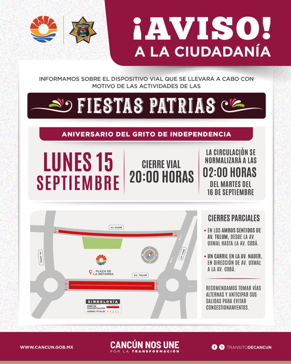 qrooexpress's tweet image. Alista #SMSCYT #operativovial por #fiestaspatrias en Cancún - wp.me/p7T9nn-e40
#QRooExpress #Noticias #Cancún #BenitoJuárez #QuintanaRoo #QRoo #México #Entérate #SeguirTransformando #CancúnNosUne @anapatyp #HechosQueTransforman #SeguridadVial  #EventosConmemorativos