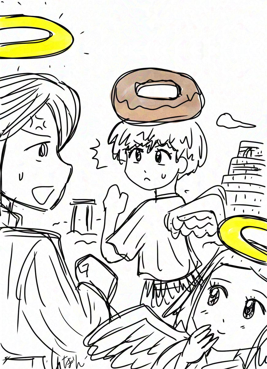朝落書き
天使「オールドファッションは色が違いすぎましたか?」
天使長「そうじゃなくて…天使の輪、無くしたのか?」 