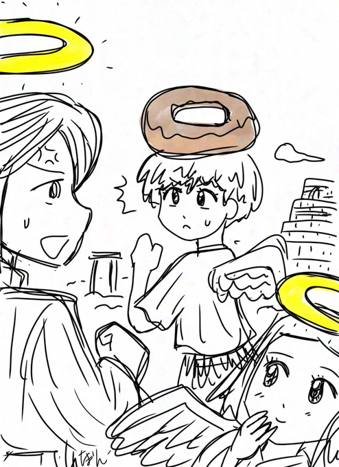 朝落書き
天使「オールドファッションは色が違いすぎましたか?」
天使長「そうじゃなくて…天使の輪、無くしたのか?」 