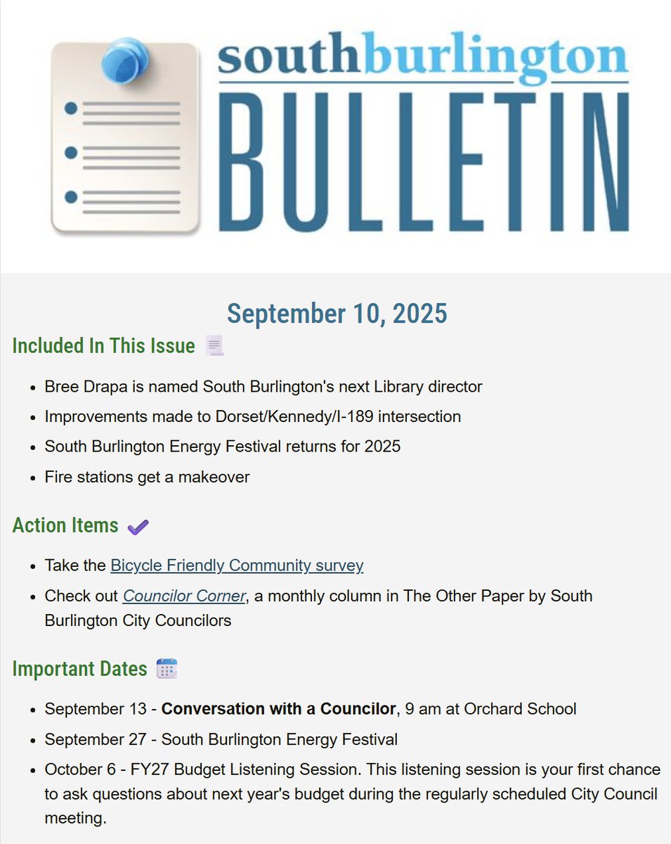 The latest issue of South Burlington Bulletin is on our website: dlvr.it/TN2y8F

Included In This Issue 📃
• SB's next Library director
• Improvements to Dorset/Kennedy/I-189 intersection
• Energy Festival returns for 2025
• Fire stations get a makeover