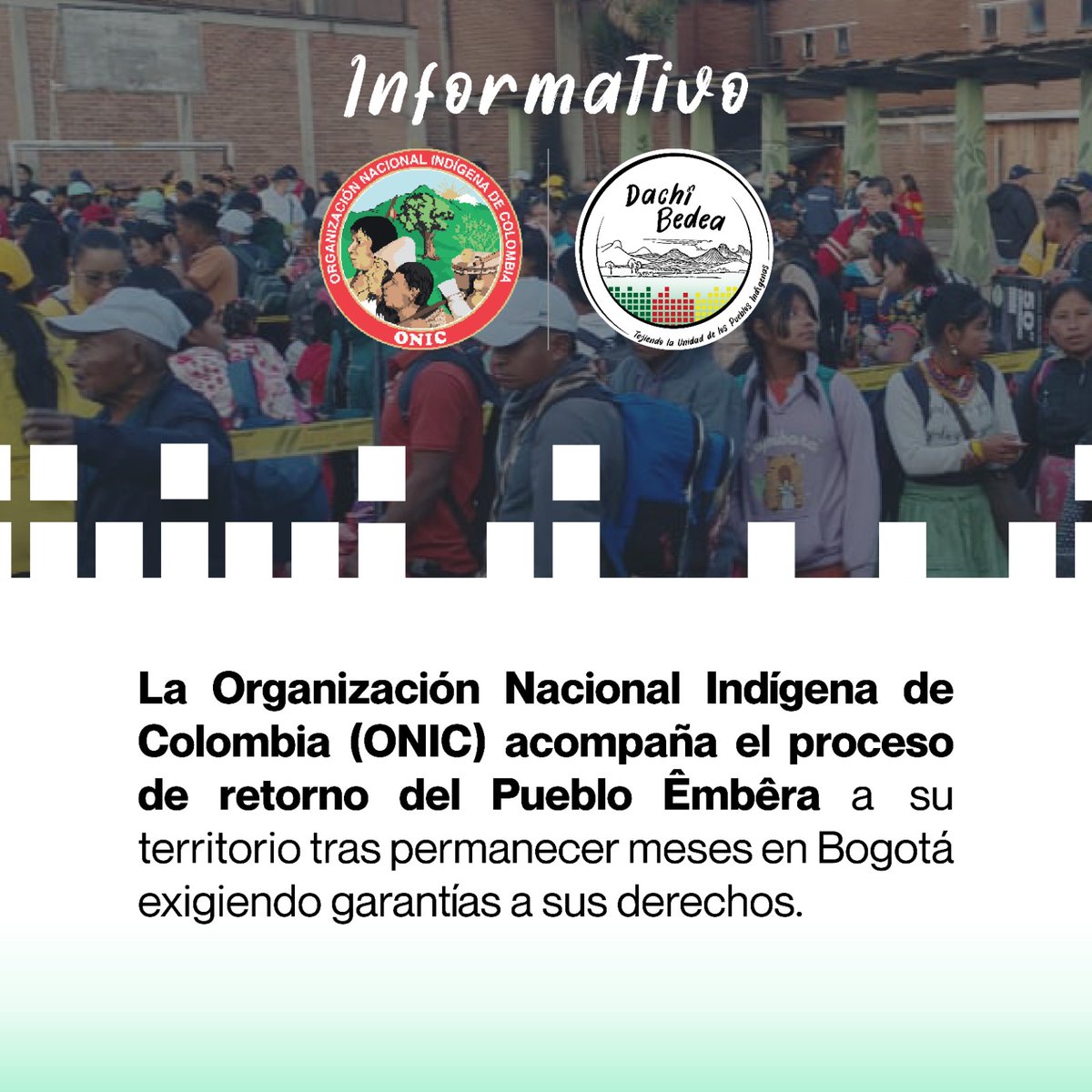 Desde la ONIC hacemos seguimiento y acompañamiento al proceso de retorno del pueblo Êmbêra en Risaralda, velando por la garantía de sus derechos.

¡Escúchanos pronto en nuestras redes sociales y entérate de todos los detalles!