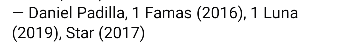 DinampoRac86322's tweet photo. TODAY MOST AWARDED LIVING ACTORS AND ACTRESSES IN THE BIG FOUR 
Daniel padilla 1 famas (2016) 1 luna (2019) 1 star (2017)
PS:
wag hanapin ang wala😉
#danielpadilla https://t.co/my5XMcSqhu