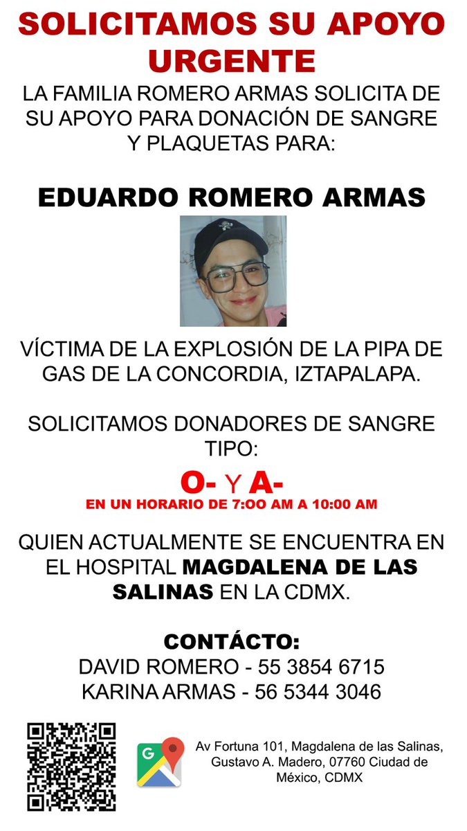 Vecinas y vecinos de Azcapotzalco, solicitamos su apoyo y solidaridad para Eduardo Romero, habitante de nuestra Alcaldía, quien resultó lesionado en la explosión ocurrida en el Puente de la Concordia, en Iztapalapa.

Su familia nos ha compartido la necesidad de donaciones y