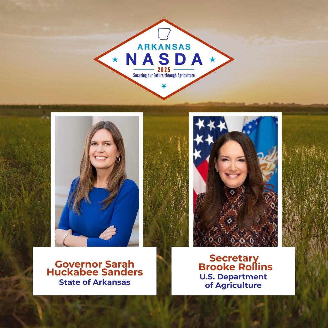 We’re looking forward to welcoming agricultural leaders from across the country to Arkansas next week for the 2025 <a href="/NASDAnews/">NASDA</a> Annual Meeting!

On Monday, Governor <a href="/SarahHuckabee/">Sarah Huckabee Sanders</a> and U.S. Secretary of Agriculture <a href="/SecRollins/">Secretary Brooke Rollins</a> will officially kick off the meeting.

If you plan to