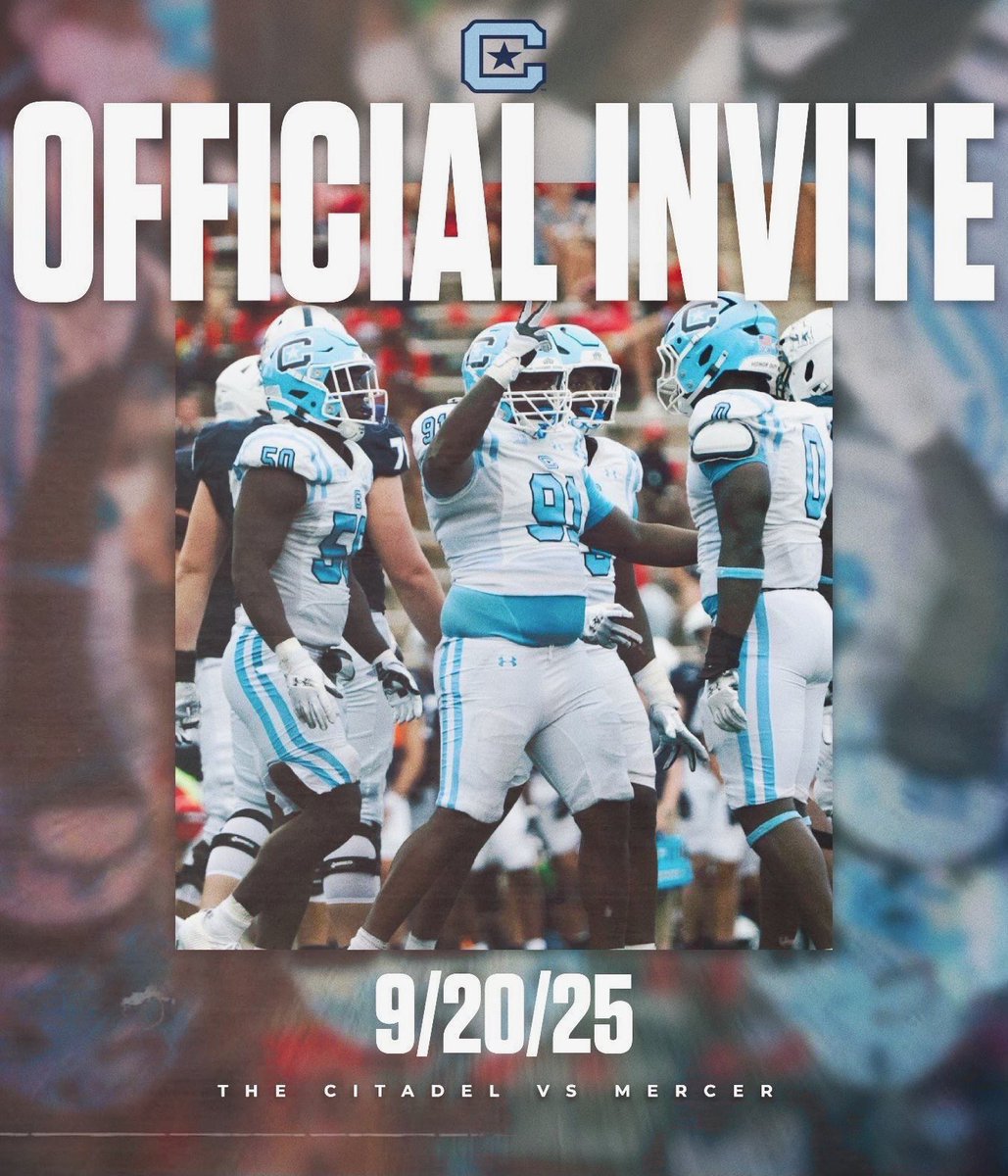 Thank you coach <a href="/CoachRAPinilla/">TweetMasterP</a> for the invite to <a href="/CitadelFootball/">The Citadel Football</a> game next week! 

<a href="/HatfieldQuin/">Quin Hatfield</a> <a href="/Jdjacks45/">Joshua Jackson</a> <a href="/windham_john/">John Windham</a> <a href="/j_vonwyl/">Jimmy Von Wyl</a> <a href="/Yawn76/">Keon Talbert</a> <a href="/train0187/">TRAINBUILT PERFORMANCE</a> <a href="/MovinChains/">Movin’ The Chains</a> <a href="/HighSchoolBlitz/">High School Blitz</a> <a href="/HaleMcGranahan/">Hale McGranahan</a> <a href="/ccesfootball/">Christ Church Football</a> <a href="/OLCoach_Mac/">Zac McIntosh | OL Coach 🏴‍☠️</a> <a href="/CDearing82/">Chris Dearing</a> <a href="/CitadelSports/">The Citadel Sports</a> <a href="/Todd_C_08/">Todd Cunningham</a> <a href="/ccesathletics/">CCES Athletics</a>