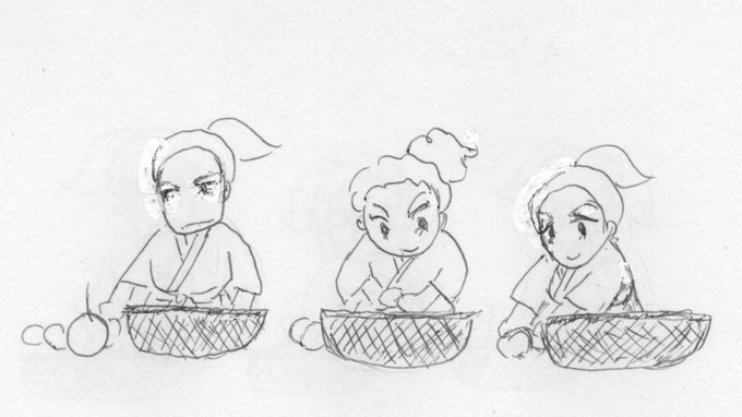 Three sequential panels depict chibi-style female characters with ponytails wearing kimonos. First character sits focused sorting round fruits resembling persimmons from a basket. Second character grimaces while handling the fruits in a basket. Third character smiles as she places fruits into another basket. Baskets contain multiple round fruits.