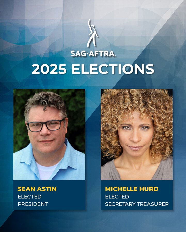 On a blue and gray background. At the top, in white font: SAG-AFTRA 2025 Elections. Below, on the left: Sean Astin. Below: Sean Astin. Elected President. To the right: Michelle Hurd. Below: Michelle Hurd. Elected Secretary-Treasurer. 