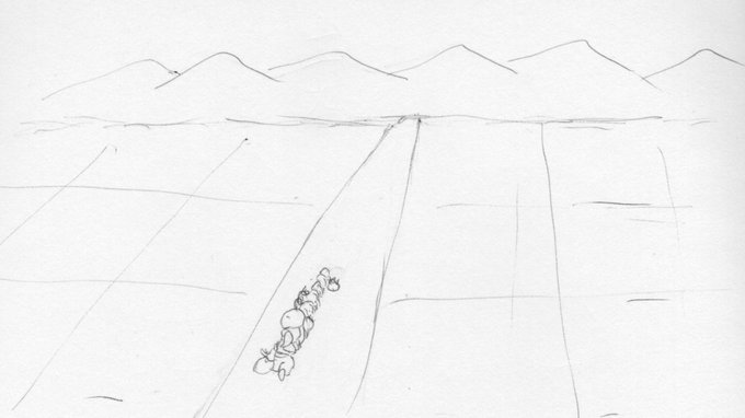 Black ink lines outline a distant mountain range with multiple peaks rising unevenly against a blank sky. Below the mountains, flat expanses suggest agricultural fields divided into rectangular plots. A central straight road runs horizontally through the fields, leading towards the mountains. Near the foreground on the road, several small circular shapes cluster together, possibly indicating foliage or vehicles in a simplified form.