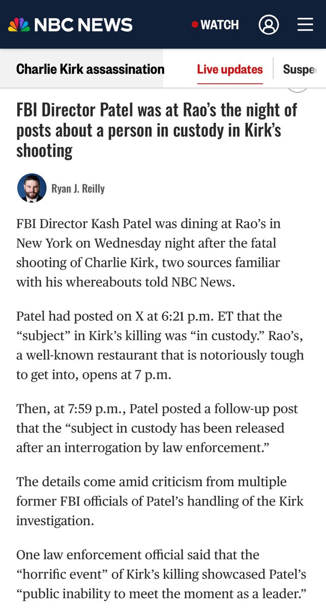 SollenbergerRC's tweet image. Kash Patel was dining at NYC hotspot Rao’s the evening after Kirk’s murder, per @ryanjreilly 

“One law enforcement official said that the ‘horrific event’ of Kirk’s killing showcased Patel’s ‘public inability to meet the moment as a leader.’”
