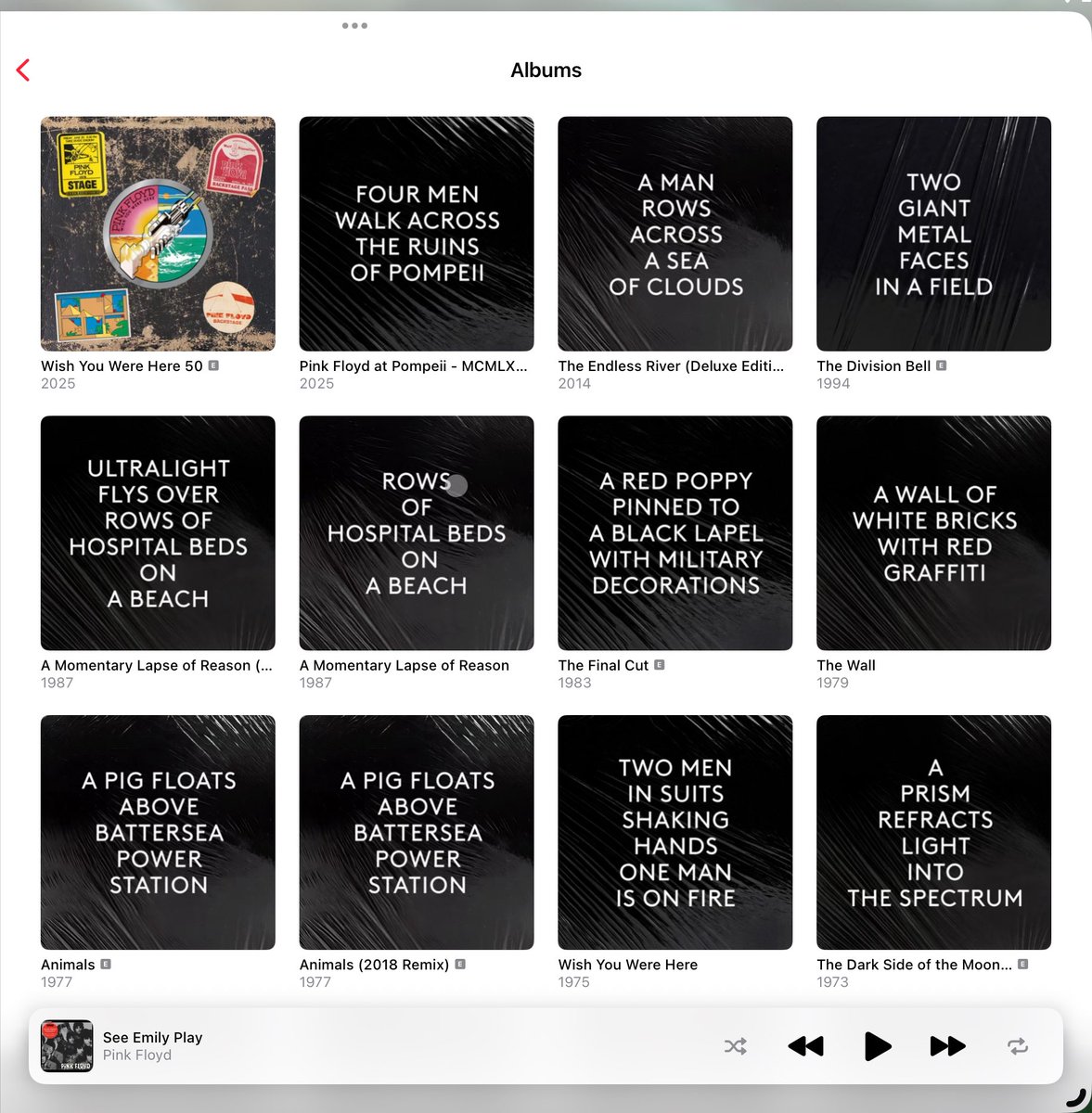 miyamomo's tweet photo. Apple Musicでピンク・フロイドのアルバムのアートワークが全部文字になってる… https://t.co/kt7l8Pptrw