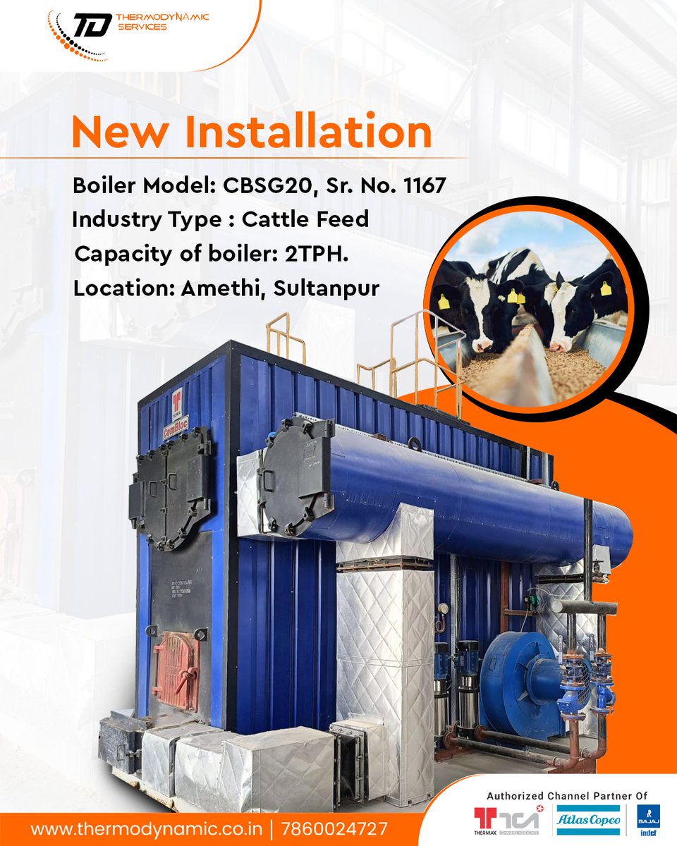 Thermodynamic_S's tweet image. New Boiler Installed! 

Model CBSG20 (2TPH) is now powering the cattle feed industry in Amethi, Sultanpur – ensuring efficient steam &amp;amp; smooth operations.

Call us at - 7860024727

#BoilerSolutions #SteamBoiler #IndustrialBoiler #NewInstallation #CattleFeedIndustry