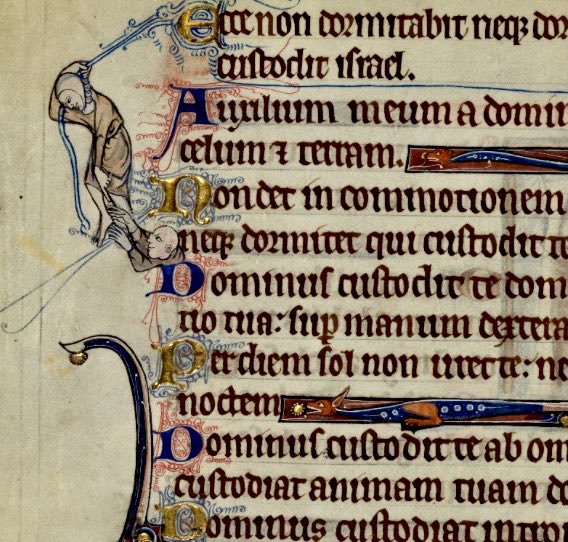 A scribe’s effort to correct an omission. The words that were accidentally left out are pulled along by one man who passes them to another who waits between the fourth and fifth lines to receive them   -   c. 1300, English Book of Hours, Walters Ms. W.102, f. 39v