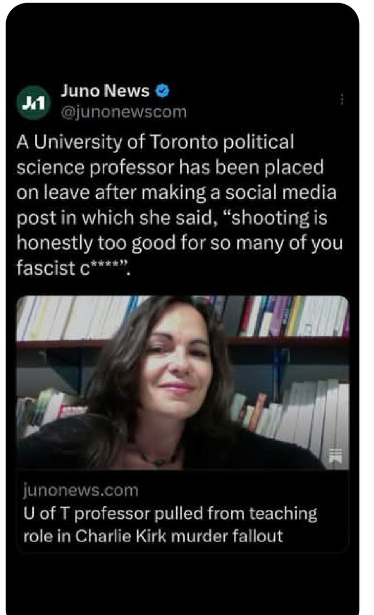 LGebbinck's tweet photo. @DeputySecState As a Canadian horrified by what happened to Charlie Kirk I would like to report 2 Canadian University Professors who have been fired or put on leave for their disgusting remarks regarding the assassination of Charlie.  See attached screenshots https://t.co/UxXWN1HxJW