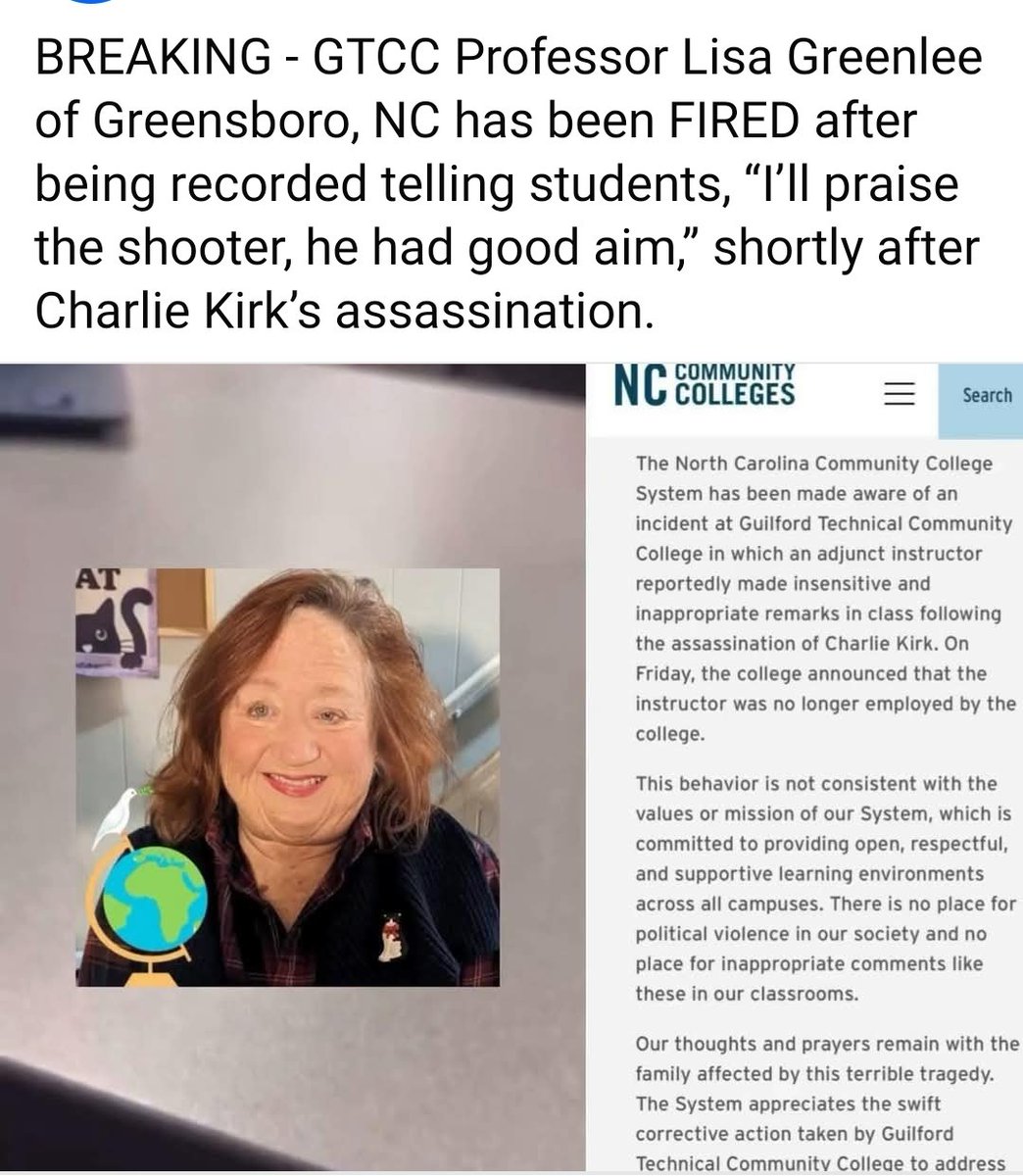 LGebbinck's tweet photo. @DeputySecState As a Canadian horrified by what happened to Charlie Kirk I would like to report 2 Canadian University Professors who have been fired or put on leave for their disgusting remarks regarding the assassination of Charlie.  See attached screenshots https://t.co/UxXWN1HxJW