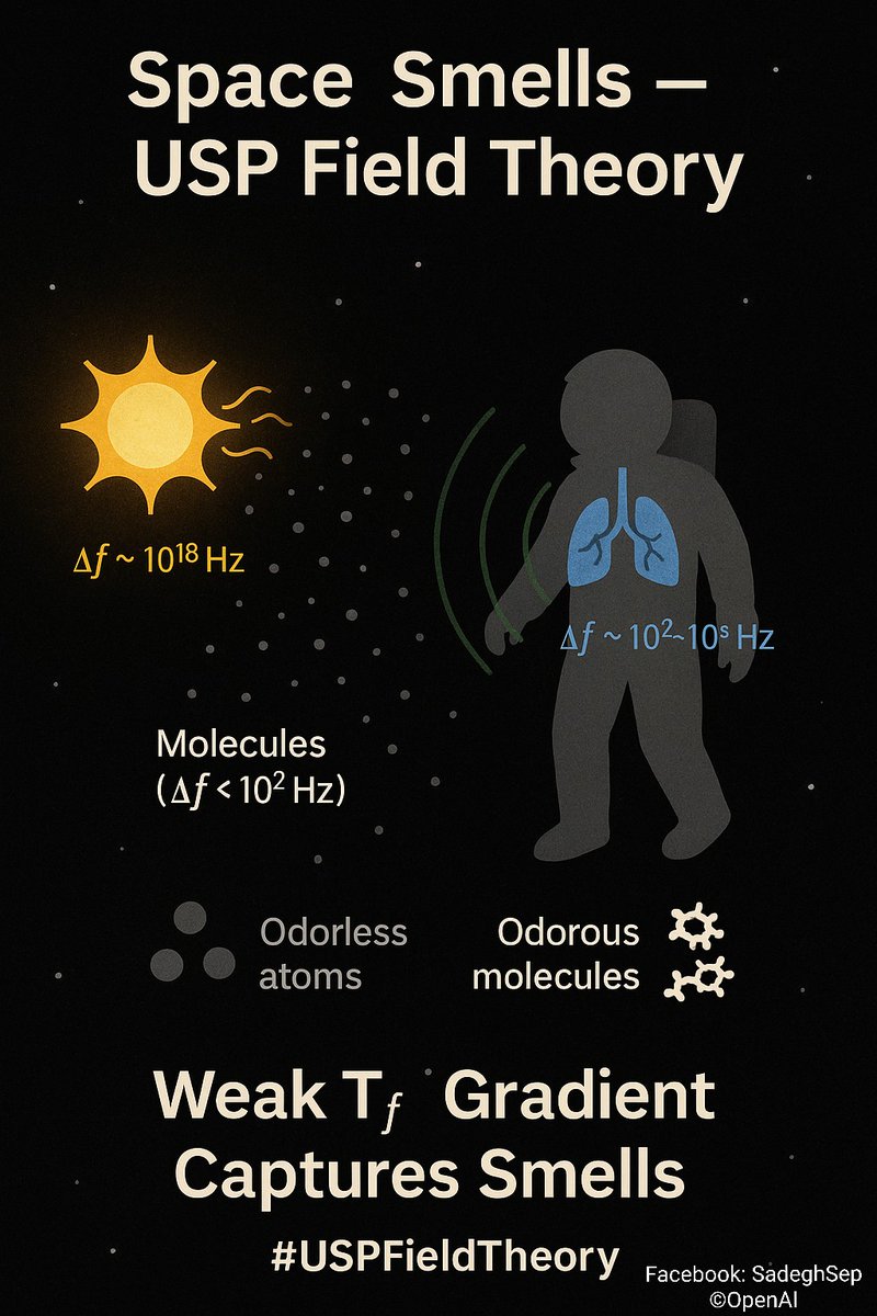 Sadeghsepehri's tweet image. Why does space smell burnt or metallic? 🌌
USP Field Theory says weak T_f gradients trap complex molecules from stellar Δf cascades — only odorous ones resonate with our lungs.
This is the Δf Smell Capture Effect.”
#USPFieldTheory #SpaceSmells #SpinGeometry #IndependentScience