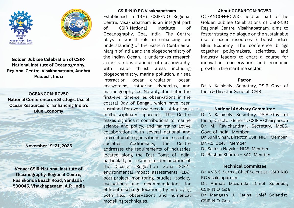 bdshenoy's tweet image. Join us as we celebrate 50 years of pioneering oceanographic research at CSIR-NIO Regional Centre Visakhapatnam and chart the course for India’s Blue Economy. 🌏📷 #OCEANCONRCV50 #BlueEconomy #CSIRNIO #GoldenJubilee #MarineScience #OceanResearch #Visakhapatnam
