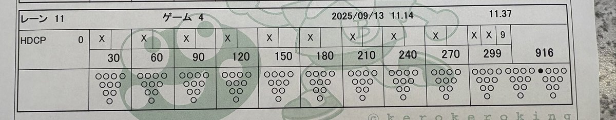 10フレ1投目、完璧な投球
2投目、外出ちゃって厚めに入る
3投目、外出過ぎないよう調整しようとして内側のオイル乗っちゃって7番タップ

中途半端な技術の持ち主が下手に調整しようとして失敗する典型的な例

反省します