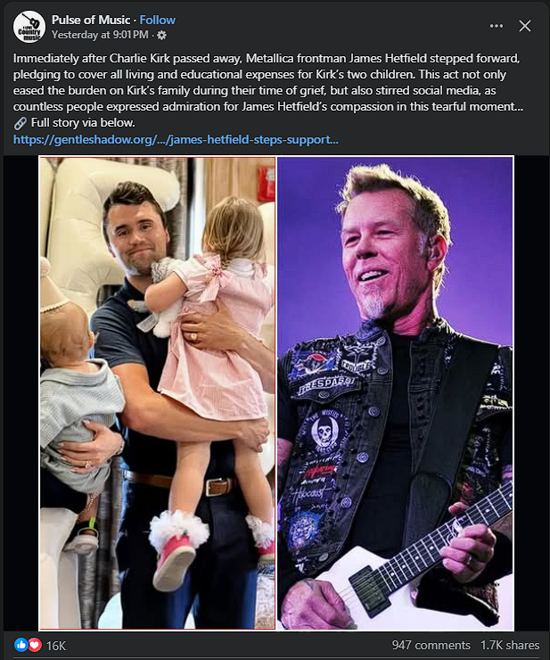 raxeon2's tweet photo. James Hetfield's response to Charlie Kirk's passing. To cover living and educational expenses for his now fatherless children. https://t.co/VZRXkKVxfM
