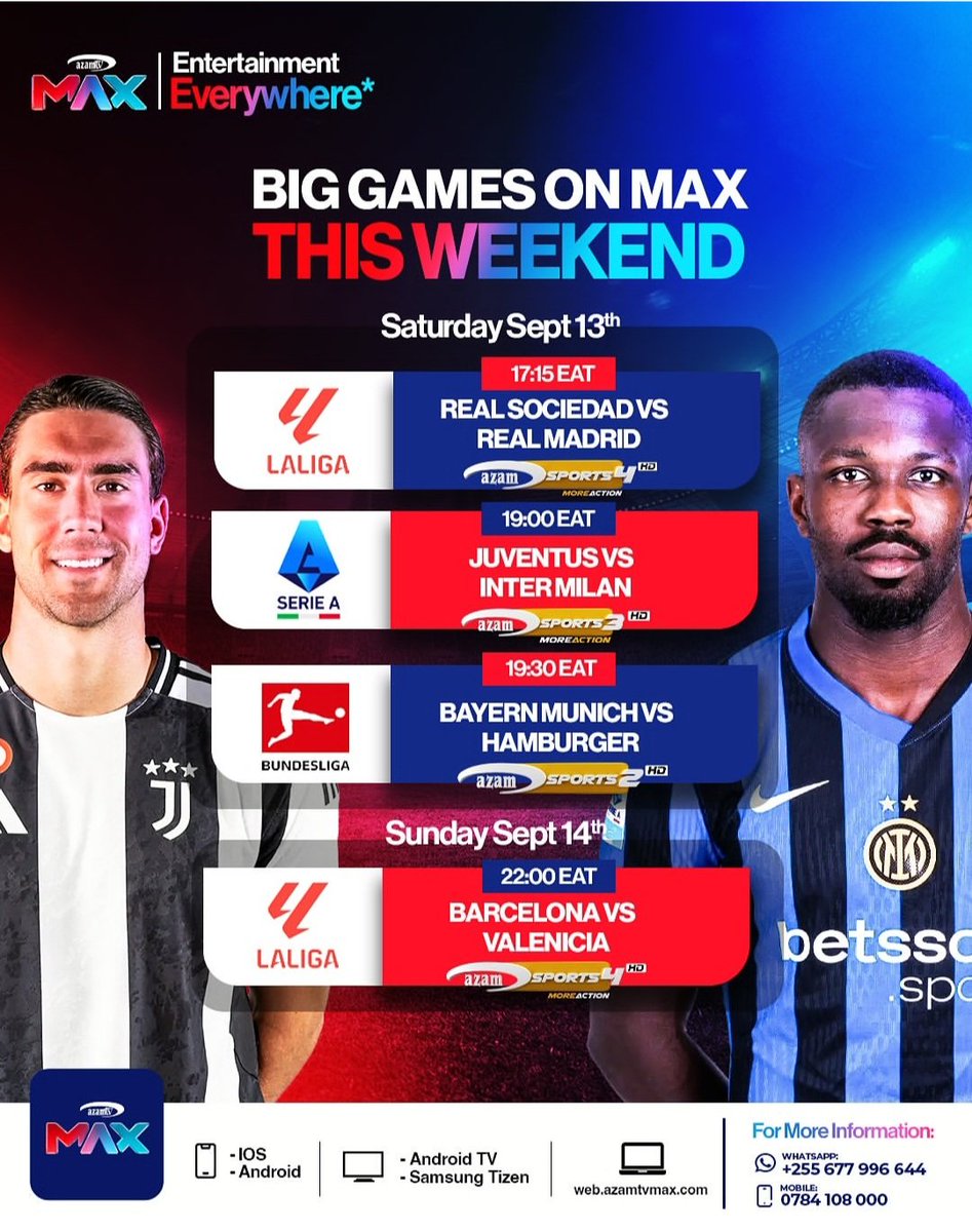 Sandrah_ug's tweet image. Ba dear, get ready for some epic matches on Azam MAX this weekend! ⚽️

Don't miss out! Subscribe to #AzamMAX now and catch all the LIVE action! 💥 #AzamTV #LaLiga #SerieA #Bundesliga