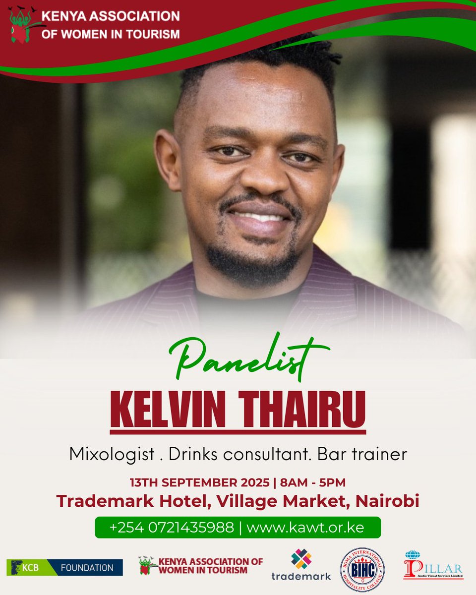 KAWTourism's tweet image. Meet Kelvin Thairu – Mixology Maestro! 

Kelvin Thairu is one of Kenya’s top bartenders and a trailblazer in hospitality. 

#KAWT #HospitalitySummit2025 #WomenInTourism #KenyaTourism #HospitalityLeadership #WomenInLeadership #HRStrategy #BusinessCoaching #HospitalityExcellence