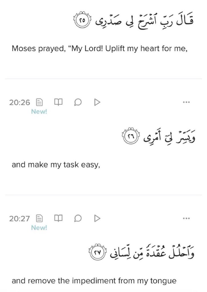 For all Muslims, if you want to have a job interview, Exams, thesis trial, presentation, meet people, or make things smoother verbally. Try reading this prayer, the dua of the Prophet Musa so that it goes smoothly &amp; all your affairs are made easier.