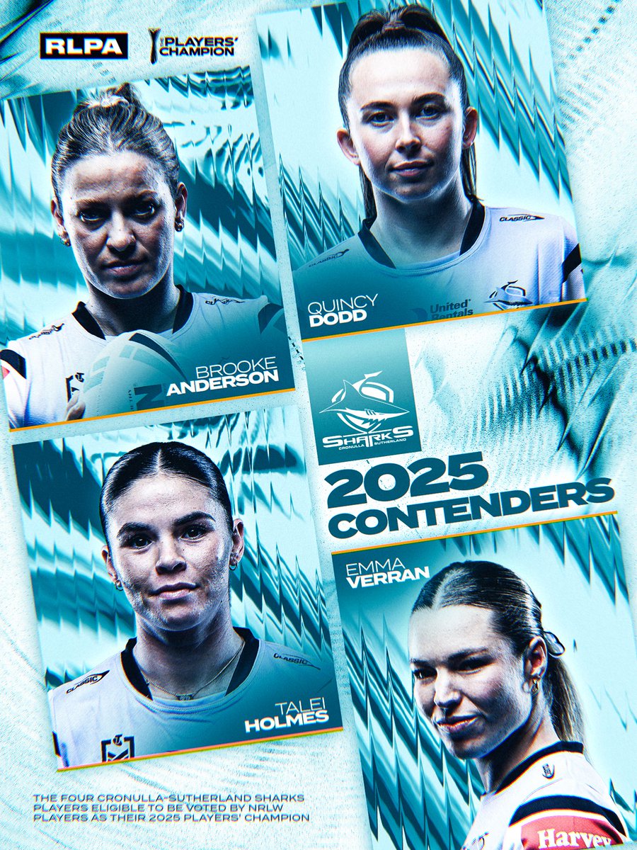 These four have set the standard for the Sharks in 2025 🦈

Here are the four Sharks Contenders nominated by their player leaders for the RLPA Players’ Champion 🏆

Winner announced Oct 2 on <a href="/NRLonNine/">NRL on Nine</a> 🗳️

Read the full list here: rlpa.com.au/news/contenders