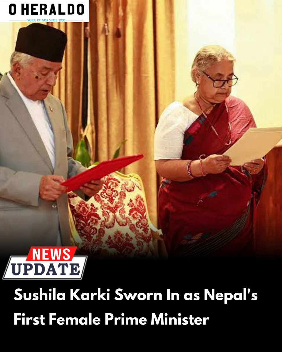 oheraldogoa's tweet image. Sushila Karki, the former Chief Justice of Nepal, was sworn in as the country’s first female Prime Minister following the resignation of KP Sharma Oli amid nationwide protests against corruption. 

#sushilakarki #indianews #globalnews #nepal #nepalprotest