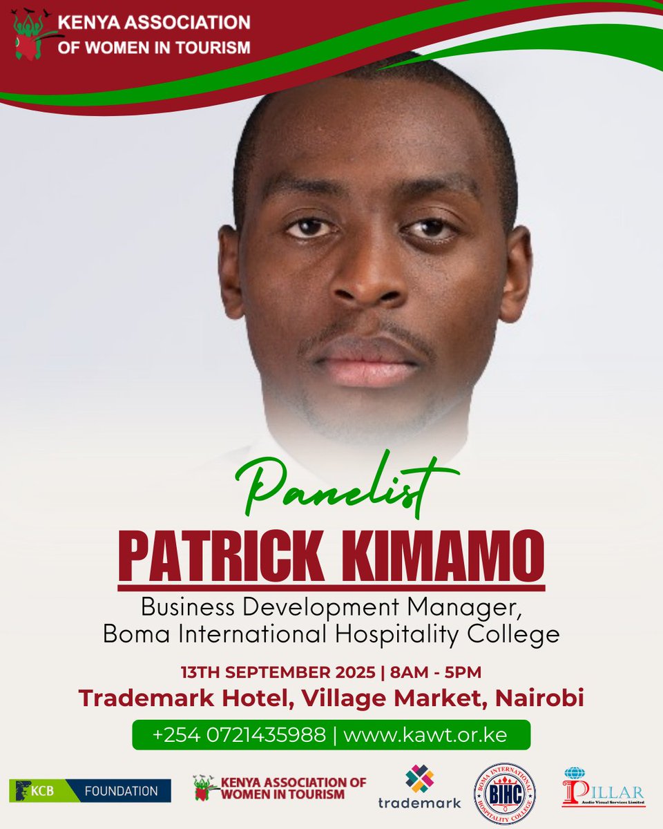 KAWTourism's tweet image. Meet Our Panelist – Patrick Ndirangu Kimamo

Patrick is a seasoned hospitality professional with 14 years of leadership across top hotels. He currently serves as Business Development Manager at Boma International Hospitality College.

#KAWT #HospitalitySummit2025