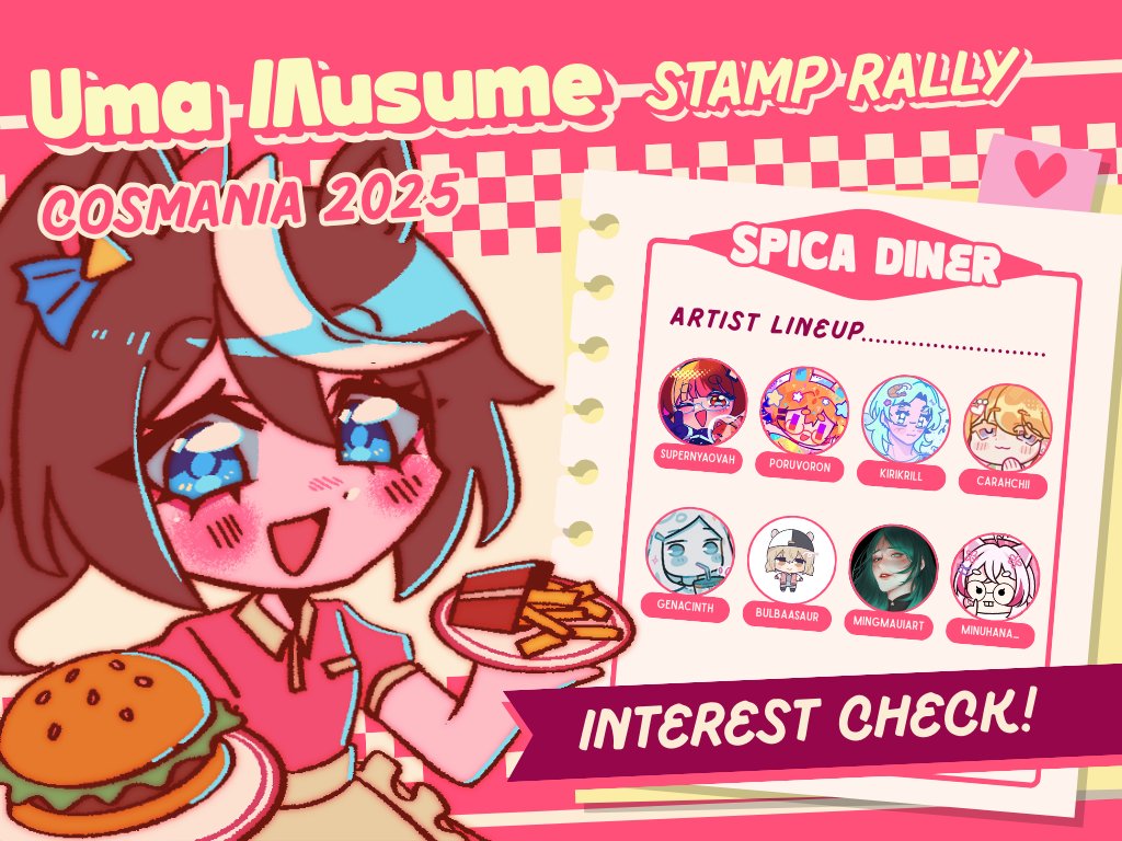 [ Team Spica Stamp Rally Interest Check ]🥕🍔💞

Hello! We'll be holding a Team Spica stamp rally this #Cosmania2025 ✨ 

If you're interested, please answer our interest check form here!:🐎💖
forms.gle/CucDBnRwKk3SEC…

______

#cosplaymania2025 #fanfairatcosplaymania2025